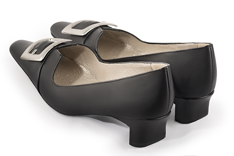 Satin black women's dress pumps,with a square neckline. Tapered toe. Low kitten heels. Rear view - Florence KOOIJMAN